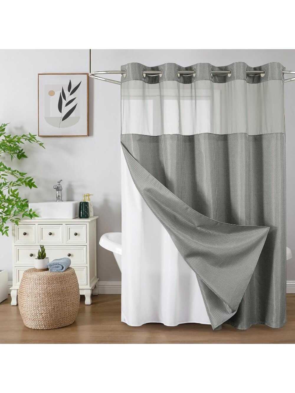 New Waffle Weave No Hook Shower Curtain Set, 72 x 75 Inch, Grey